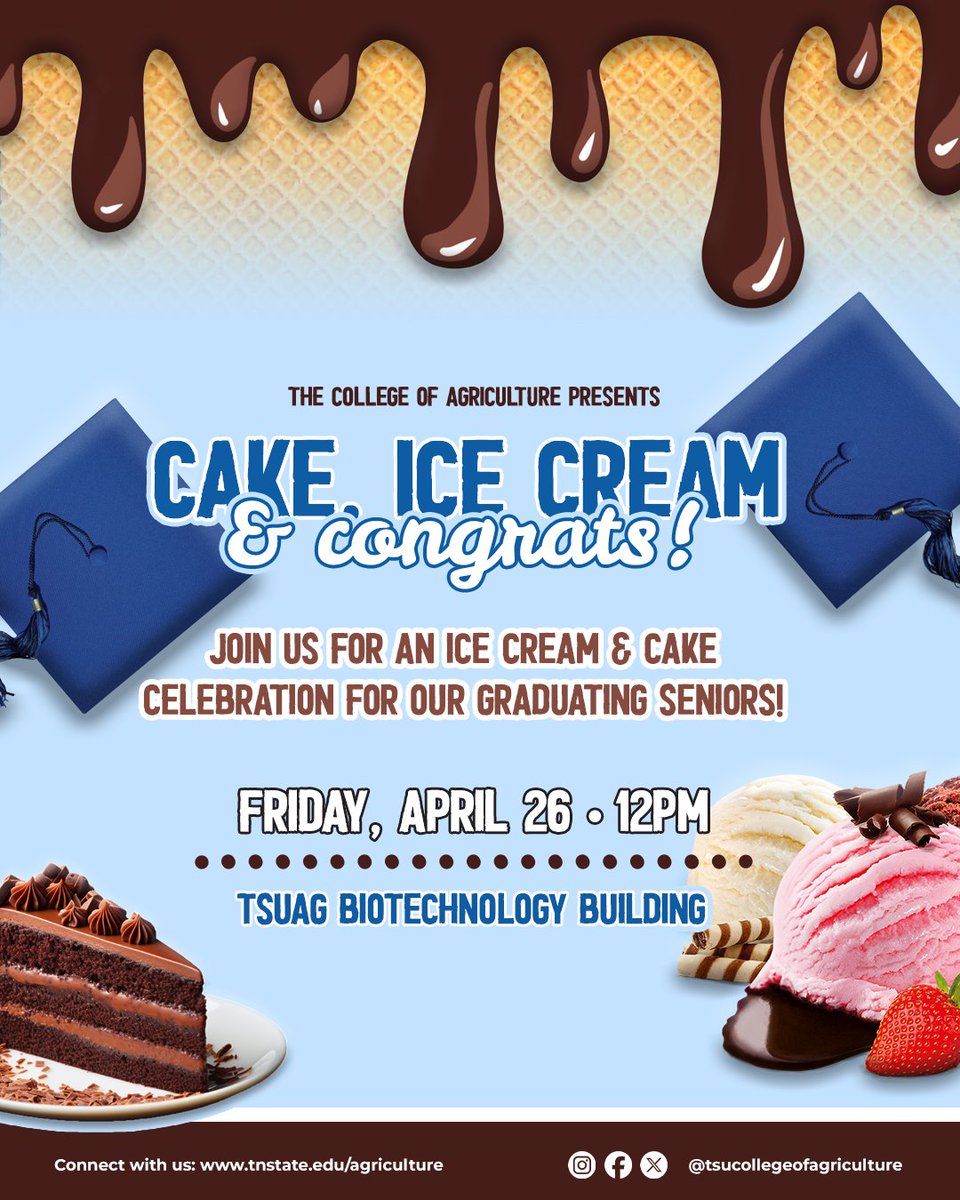 🎓 💙 This calls for a celebration! Join us TOMORROW as we celebrate the achievements of our TSUAg seniors with cake and ice-cream. Don't miss out on this memorable event!
•
•
#TSUAg #Classof2024 #TennState #HBCUPride #GradSzn