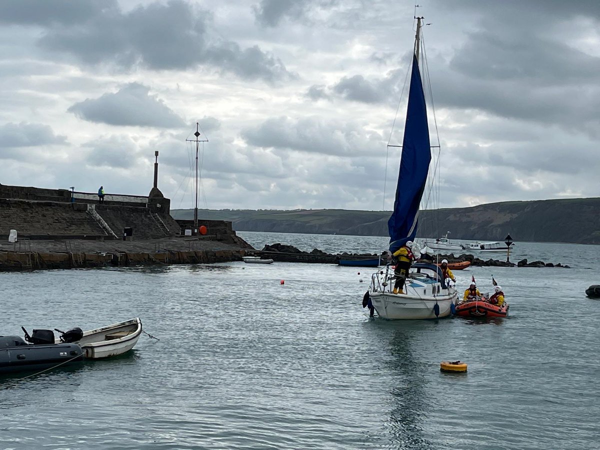Today our inshore lifeboat was launched @ 08:32 to assist a 26ft yacht in difficulty in the bay. The vessel with 1 person on board had lost all means of propulsion &amp; was unable to recover a fouled anchor. Having assessed the situation we towed the vessel safely into the harbour.