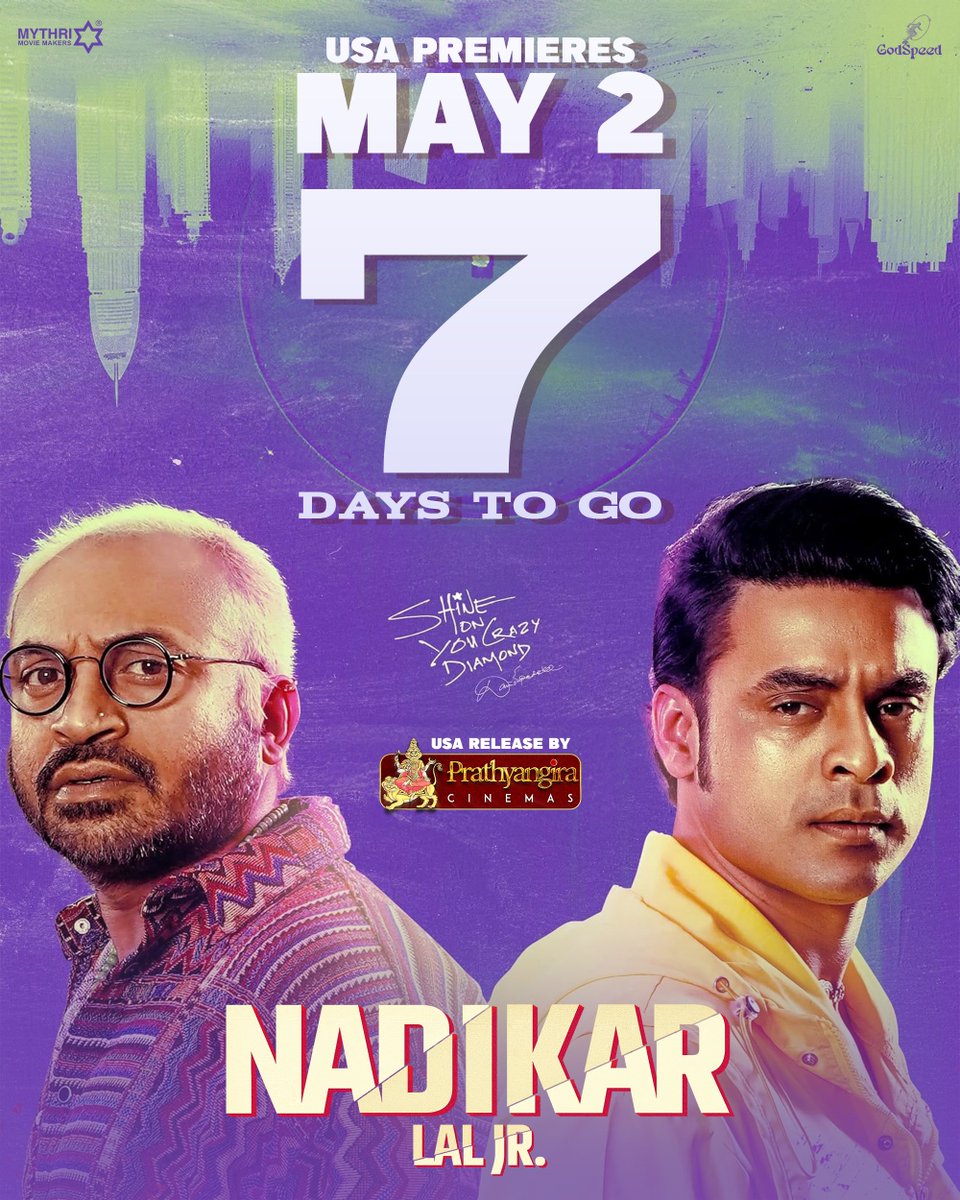 The GAME begins in 7 days ⏳ Are you geared up for a crazy journey? #Nadikar USA Premieres on May 2nd ❤️‍🔥 USA by @PrathyangiraUS #ShineOnYouCrazyDiamond @ttovino @SoubinShahir @Godspeedoffcl @IamLalJr @thinkmusicindia @kjobkurian @Truthglobalofcl @MythriOfficial