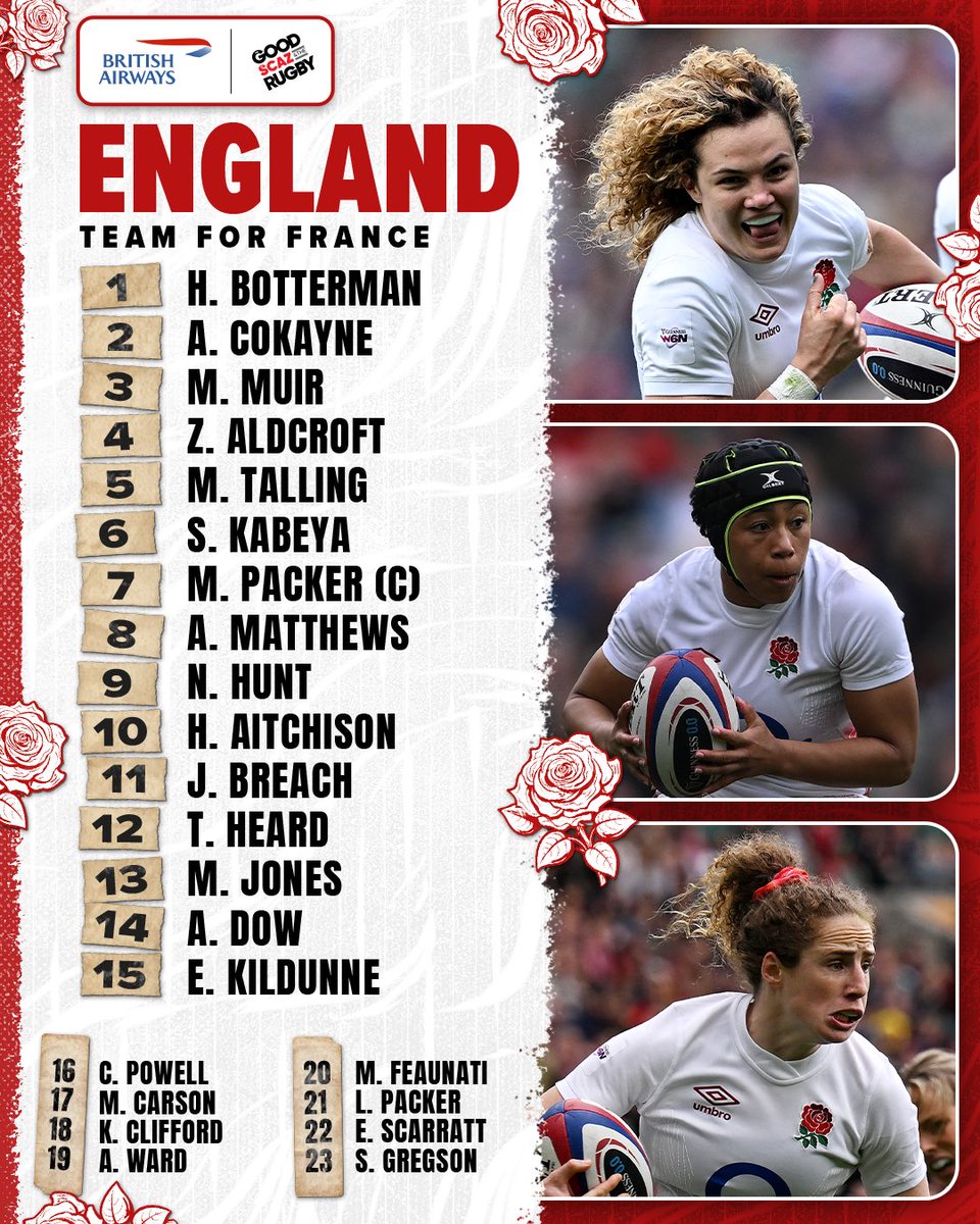 England name their team for their Grand Slam decider in France! 🏆 Just two changes for the Red Roses with Amy Cokayne and Abbie Ward back in the 23 🌹 What do you make of this lineup? #RedRosesRugby #GuinnessW6N #FRAvENG