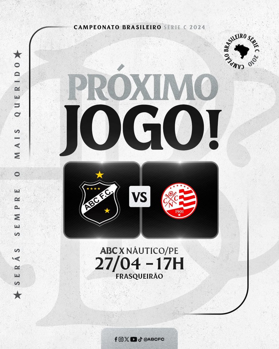 ⚫⚪ AGORA É NA NOSSA CASA! Chegou a hora do nosso primeiro desafio no Frasqueirão. Vamos lotar o caldeirão abecedista! ➡ ABC x Náutico/PE 🗓 Sábado (27) 🕔 17h 🏟 Frasqueirão BORA, ABC! #ABCFC #BrasileiroSérieC #OMaisQueridoDoRN