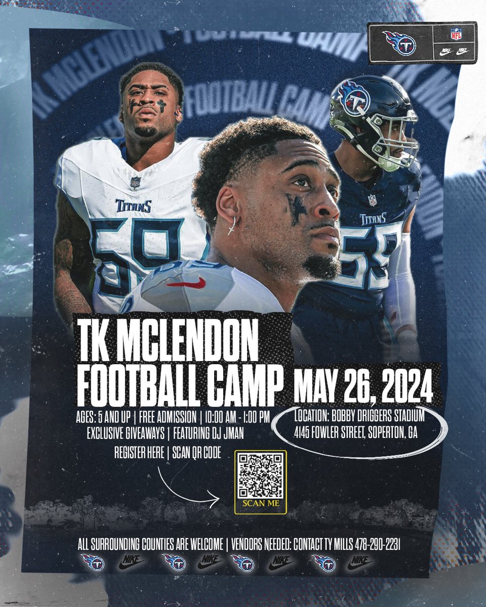 The 1st Annual TK Mclendon Football Camp! No registration fee! Register by scanning the bar code on the flyer.