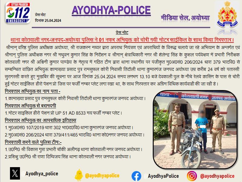 थाना कोतवाली #ayodhyapolice ने 01 नफर अभियुक्त को चोरी गयी मोटर साईकिल के साथ किया गिरफ्तार । #UPPolice