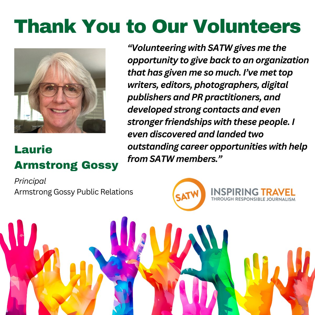 Laurie Armstrong Gossy volunteers with SATW because it allows her to give back, meet other industry leading professionals & even land new career opportunities. Thank you, Laurie, for all you do!

#NationalVolunteerWeek #TravelWriting #TravelBlogging #Travel