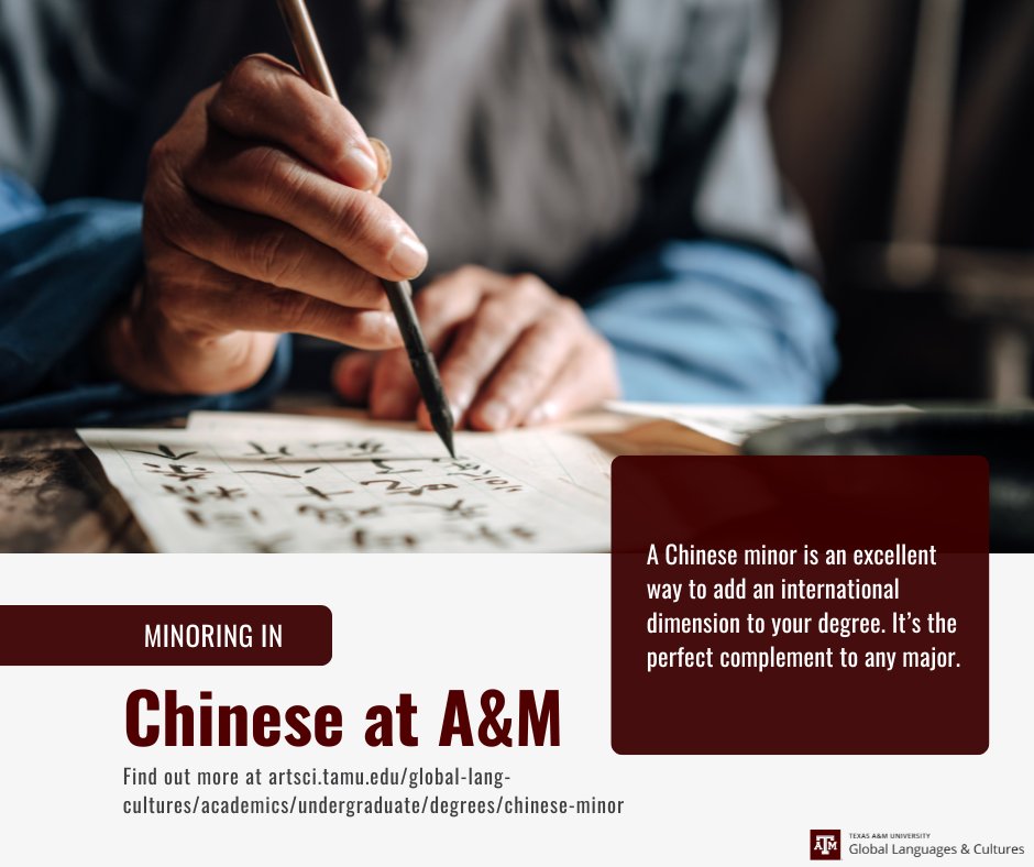 A minor in Chinese is a great way to add dimension to a business, economics, international studies or any other degree. Learn more: tx.ag/TAMUChineseMin… #ChineseLanguage #LearnChinese #StudyChinese #ChineseAtTamu #StudyLanguage #StudyCulture #tamuGLAC