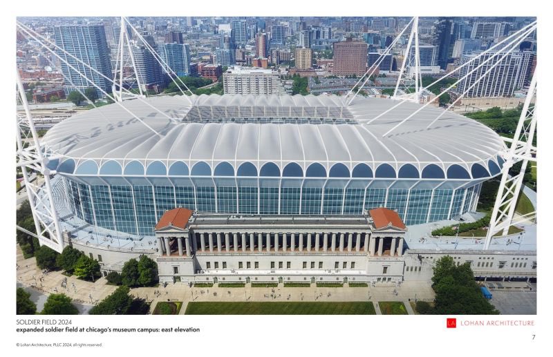 lacherbauer's tweet photo. Dirk Lohan, the original architect of the Soldier Field renovation, and grandson of legendary Mies van der Rohe, published original designs for a lightweight roof &amp; additional 20K seats (81K total) for the existing Soldier Field, cosigned by the original structural engineer. 1/2 https://t.co/uGAZSINQEE