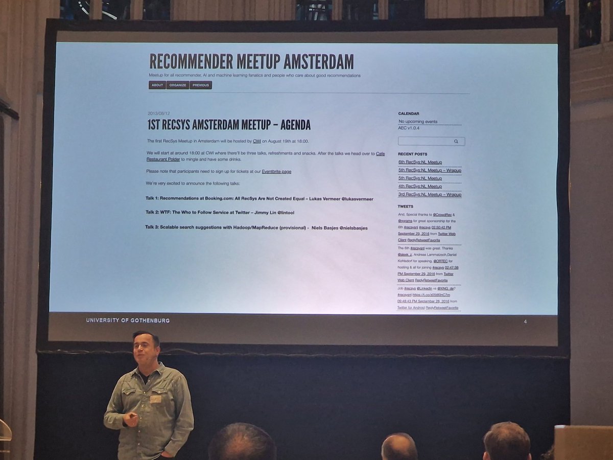 Here we go <a href="/alansaid/">Alan Said</a> is on stage to tell us about what role do trust play for recommendation in e-commerce? 
<a href="/RecSysNL/">RecSys Nederland</a> 

BTW our first #RecSysNL was first organized by Alan Said <a href="/CWInl/">CWI</a> .