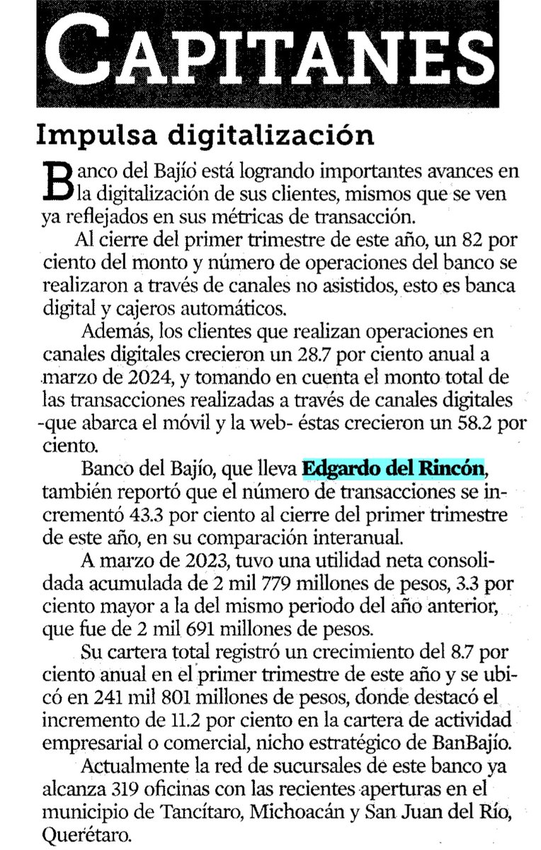 BanBajio_PRENSA's tweet photo. Vía #Capitanes de @Reforma 

IMPULSA DIGITALIZACIÓN
@BanBajioMX está logrando importantes avances en la   digitalización de sus clientes, mismos que se ven reflejados en sus métricas   de transacción. https://t.co/SjtDpGhuGq