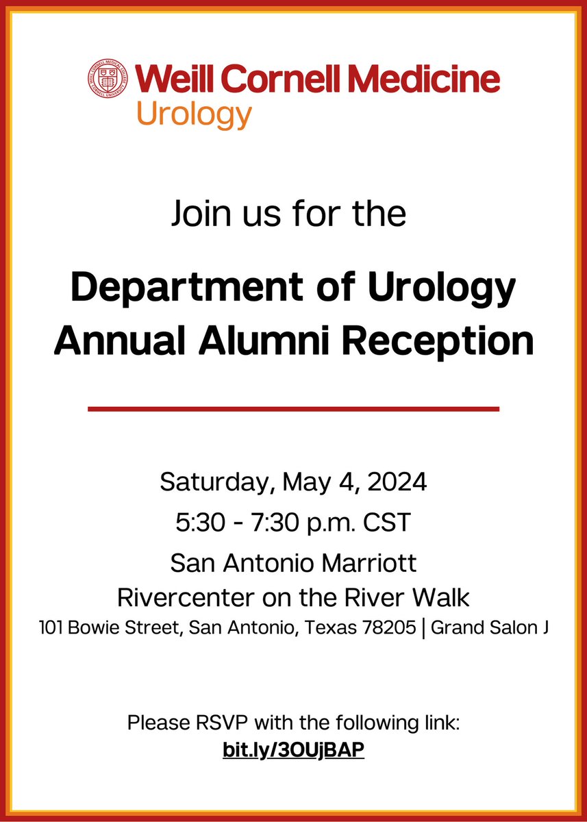 Join us at our annual Weill Cornell Medicine Department of Urology #AUA24 Alumni Reception on Saturday, May 4th at 5:30 PM CST. To RSVP, click here: bit.ly/3OUjBAP We are looking forward to seeing everyone at the meeting next week!