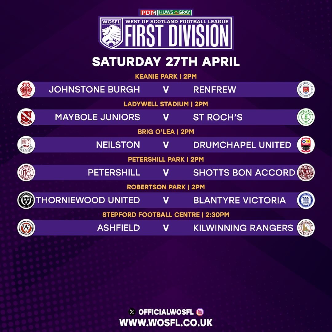 🆚Here are this weekends fixtures in the PDM Huws Gray WOSFL First Division wosfl.co.uk