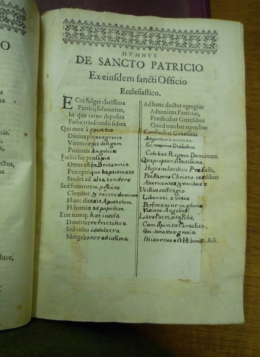 Hymn to St. Patrick in Thomas Messingham's Florilegium or collection of #Irish saints lives (1626) hand-repaired by anonymous #Irish #Franciscan Friar (JMcC) #bookhistory