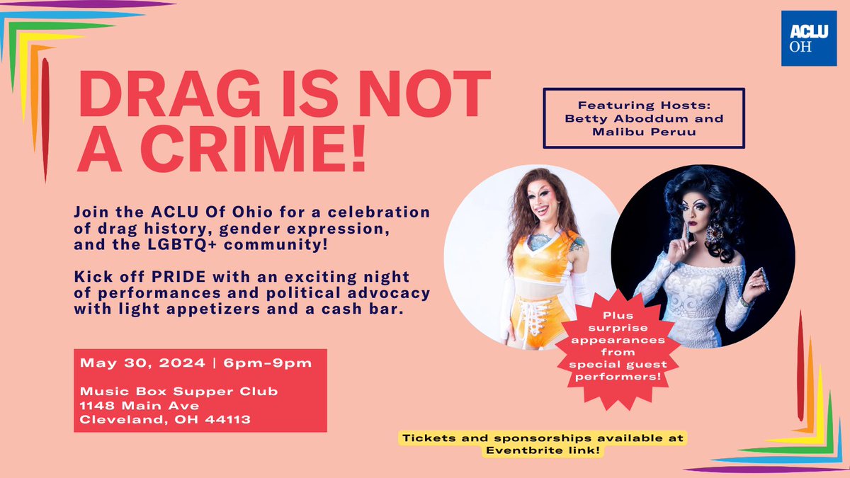 🎉YOU'RE INVITED! We're kicking off Cleveland's Pride weekend with a fabulous show on May 30. Join us for an evening of performances and political advocacy!🏳️‍⚧️🏳️‍🌈 💃🏽Drag is Not a Crime 📅5/30, 6-9 pm 📍Music Box Supper Club 🍹Light bites & cash bar 🎟️RSVP: eventbrite.com/e/drag-is-not-…