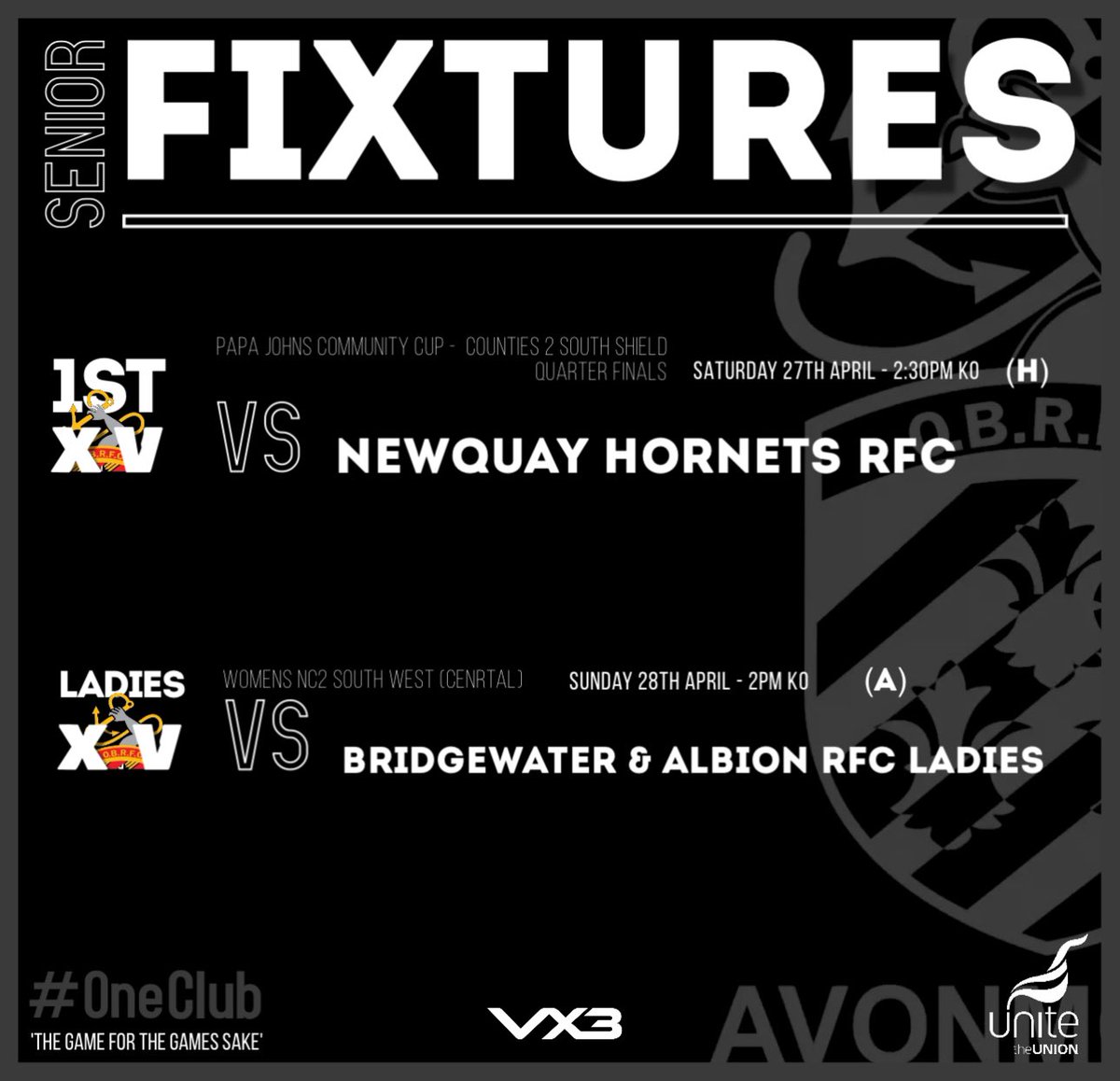 FIXTURES⤵️ Saturday sees the 1st XV take on Newquay Hornets RFC (H) in the 1/4 Finals of the Papa Johns Counties 2 South Shield. Whilst our Ladies travel on Sunday to Bridgewater&Albion RFC Ladies in their final league game of the season. ⚫️🔴⚫️ @swsportsnews @GRFUrugby