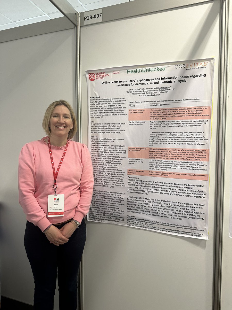 Delighted to be in Krakow to present our work on online health forum users’ experiences and information needs regarding medicines for dementia #adi2024 @AlzDisInt @pharmacyatQUB @MHLSQUB @QUBPrimaryCare