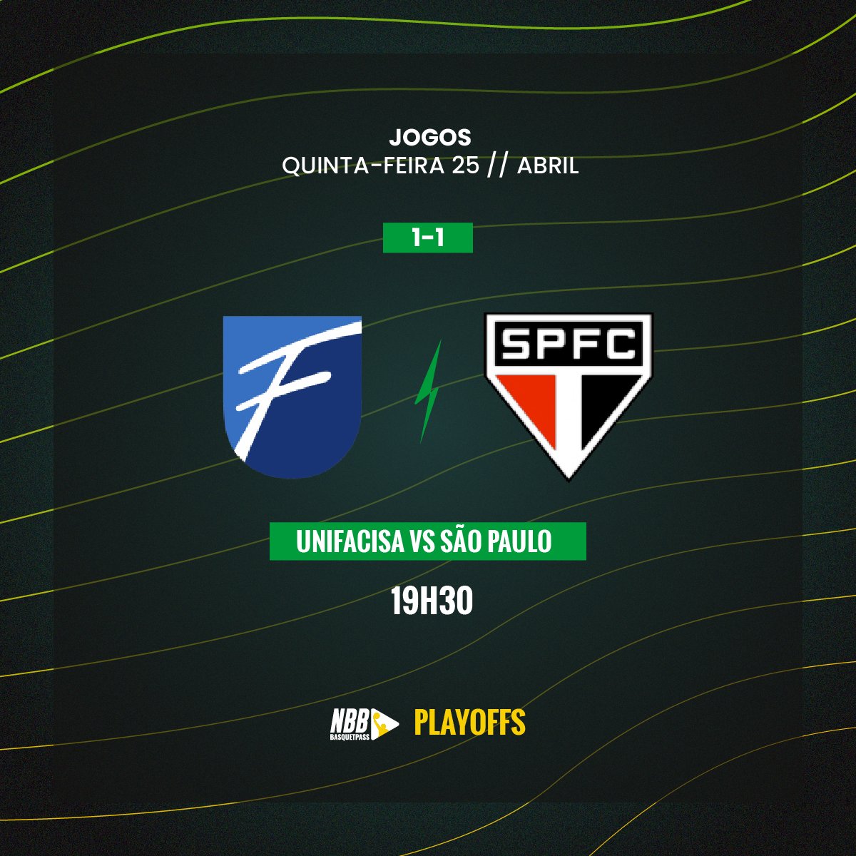 🔥 Quinta-feira, jogo 3 dos #PlayoffsNBB! 

🏀 @bsktunifacisa (1) 🆚 (1) @SPFCBasquetebol 

📲 Assista o @NBB ao vivo em basquetpass.tv