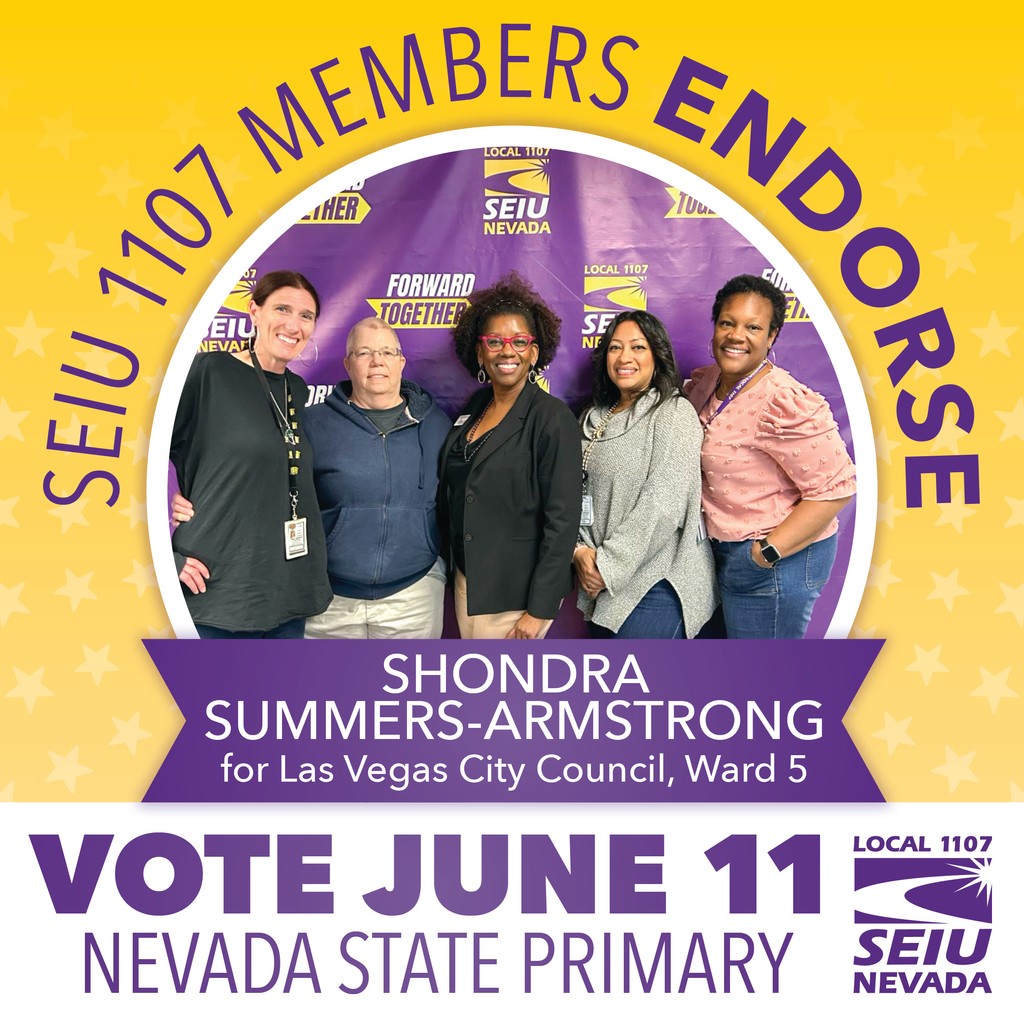 Retired SEIU 1107 member @Shondra_Summers gets our vote! 🗳️ As a state rep., she fought to protect women’s reproductive rights, win more affordable housing & had a 100% union voting record. Now she’ll continue the fight for working families on the Las Vegas City Council. #nvpol