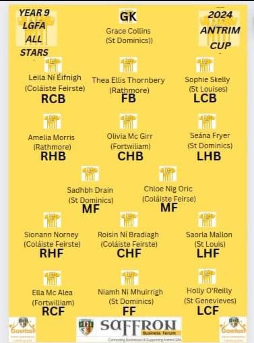 Huge well done to our u14 LGFA player Sophie Skelly on selection to the 2024  Antrim Cup Year 9 All Star team. 
Comhghairdeas 👏👏