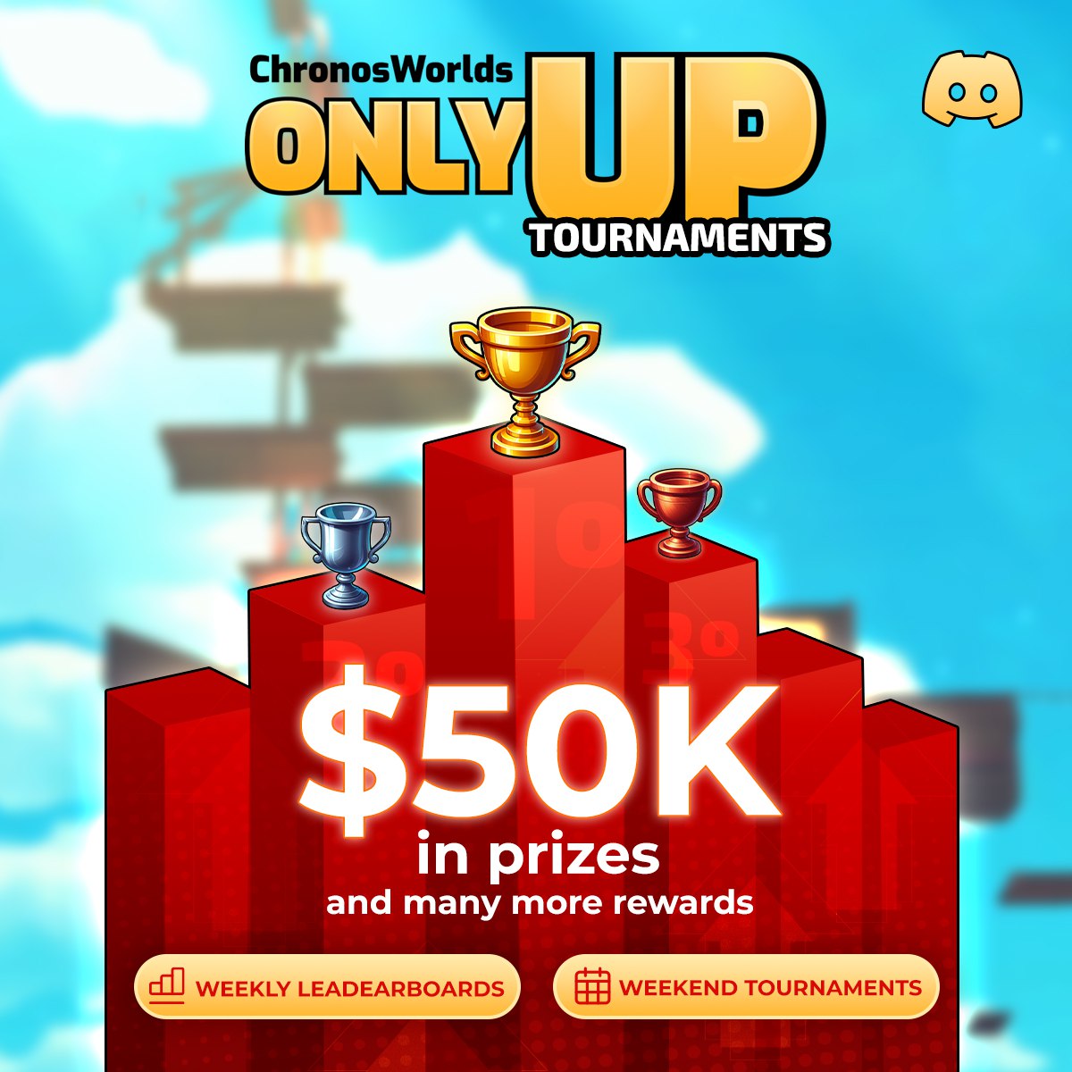 ChronosWorlds's tweet photo. $50,000 will be given away in our Discord!

We will be hosting 5 "Only Up" tournaments leading up to our mint. 

• Join the ChronosWorld Discord
• Showcase your skills.
• Take home a share of $50k, and more rewards!

Discord below for all the info you need to participate.🏆 https://t.co/tU6Gm9eG5i