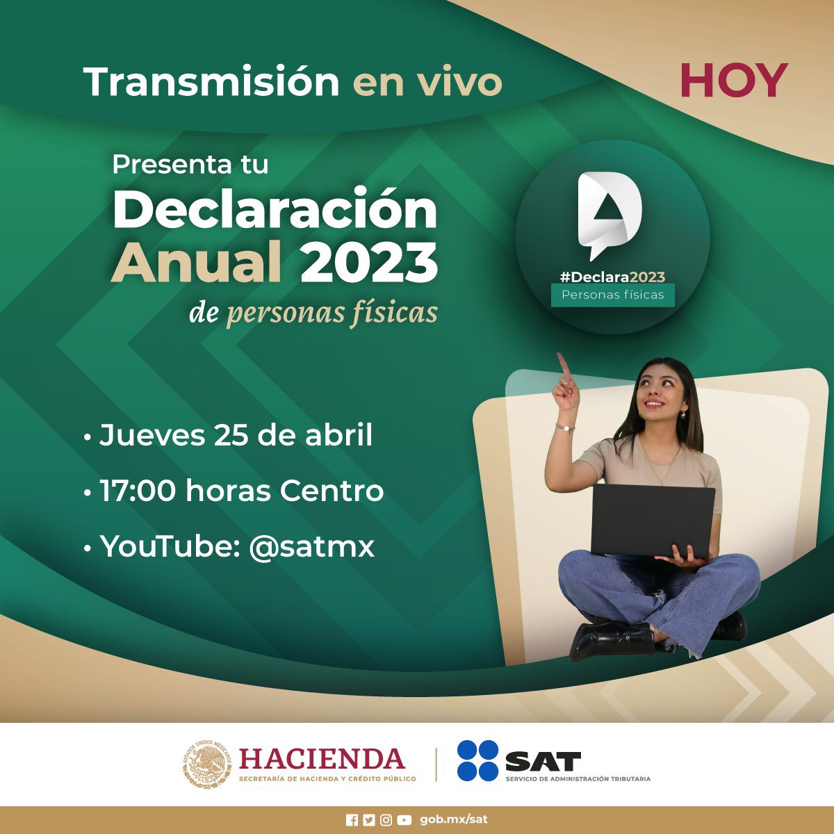 #Declara2023

¿No has presentado tu Declaración Anual? Recuerda que tienes hasta el 30 de abril. 

Sigue la transmisión en vivo y resuelve cualquier duda sobre la Declaración Anual 2023 de personas físicas. 

Hoy a las 17:00 horas a través de nuestro canal de YouTube…