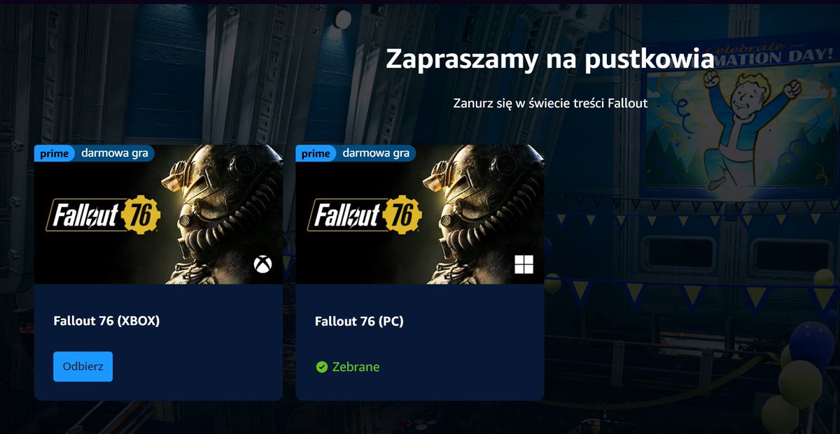 Jeśli posiadacie Amazon Prime Gaming to do odebrania #ZaDARMO jest Fallout 76 na platformy PC oraz XBOX