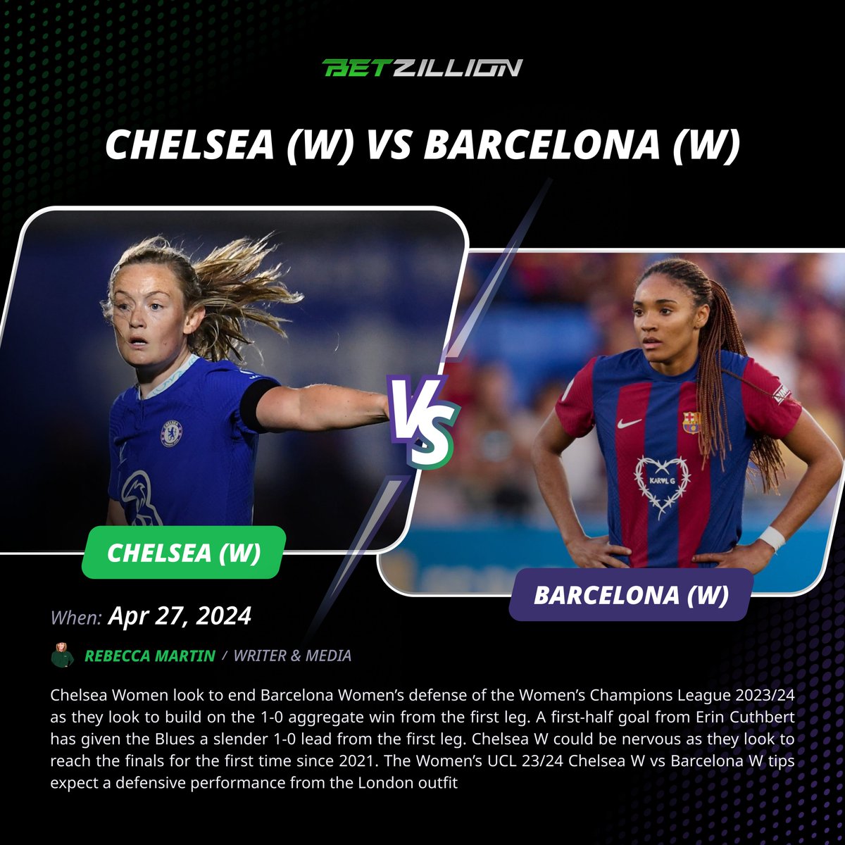 @ChelseaFCW  🆚 @FCBfemeni 

Betting Predictions & Winning Odds for #UWCL 2023/24, April 27

⚽️ Total Goals - Under 2.5 @ 2.25 (5/4)
🥅 Both Teams To Score – No @ 1.73 (8/11)

🔗Preview & Winning Odds: betzillion.com/tips/chelsea-w…

#GamblingTwitter #ChelseaW #BarcelonaW