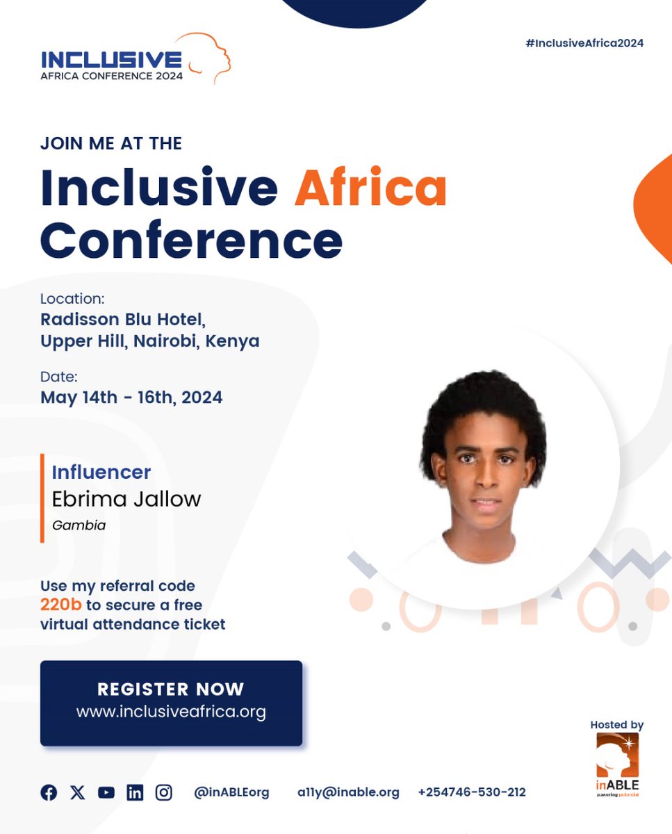 Use my referral code 220b to secure a free virtual attendance ticket for the inclusive Africa conference. REGISTERNOW inclusiveafrica.org