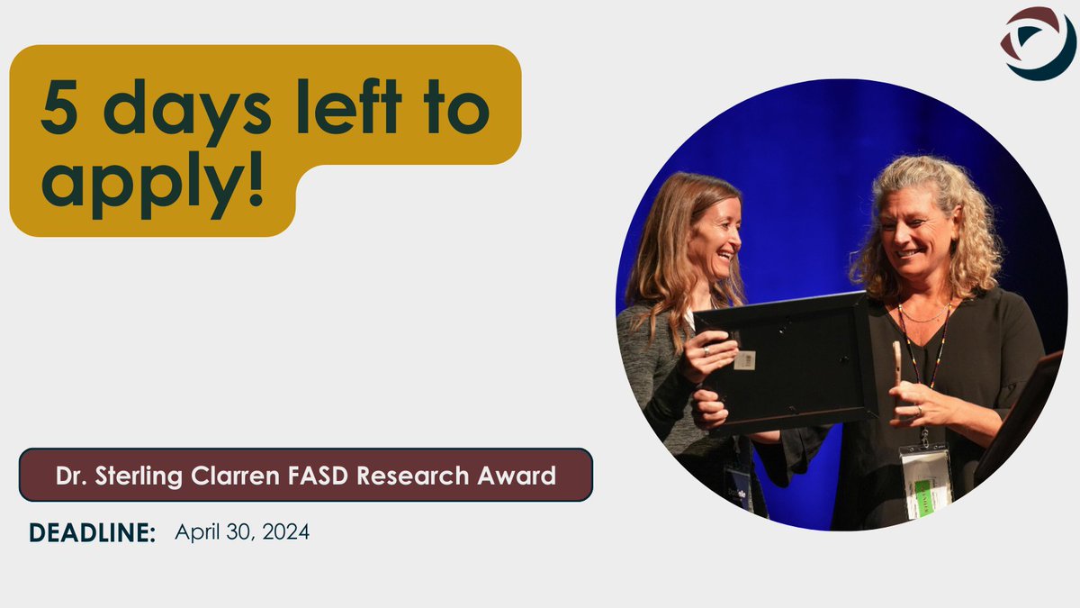 Don’t forget the deadline to submit an application for the Dr. Sterling Clarren #FASD Research award is April 30th! Learn more: ow.ly/qPtm50Rhs8a
