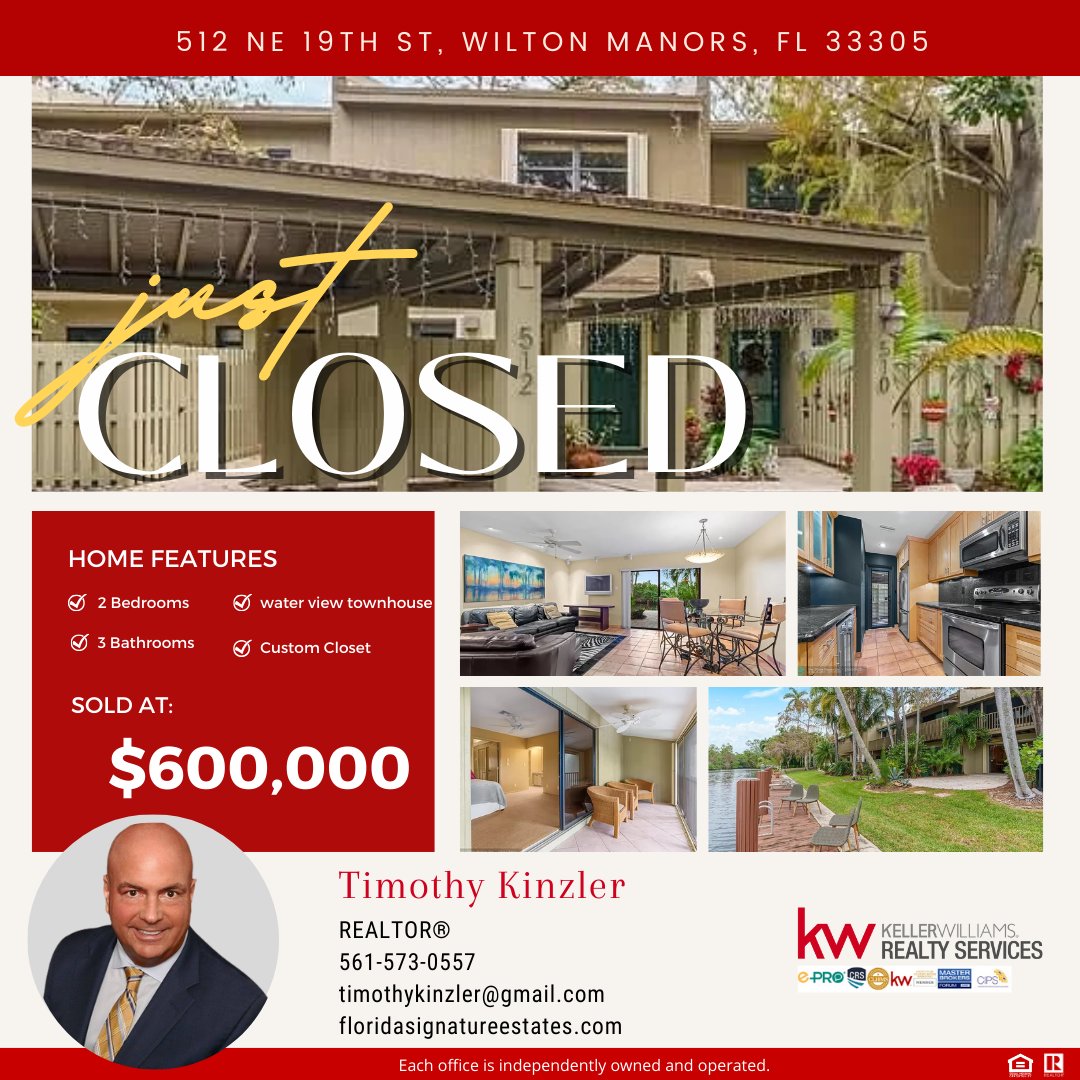 Just SOLD! 🎉🌊 This stunning townhouse at  512 NE 19th St, Wilton Manors, FL 33305 offers low HOA fees and breathtaking water views. ☕️ Located near charming coffee shops and boasting a custom closet, it's a dream come true! 🏡

#JustSold #WaterfrontLiving #TownhouseLife