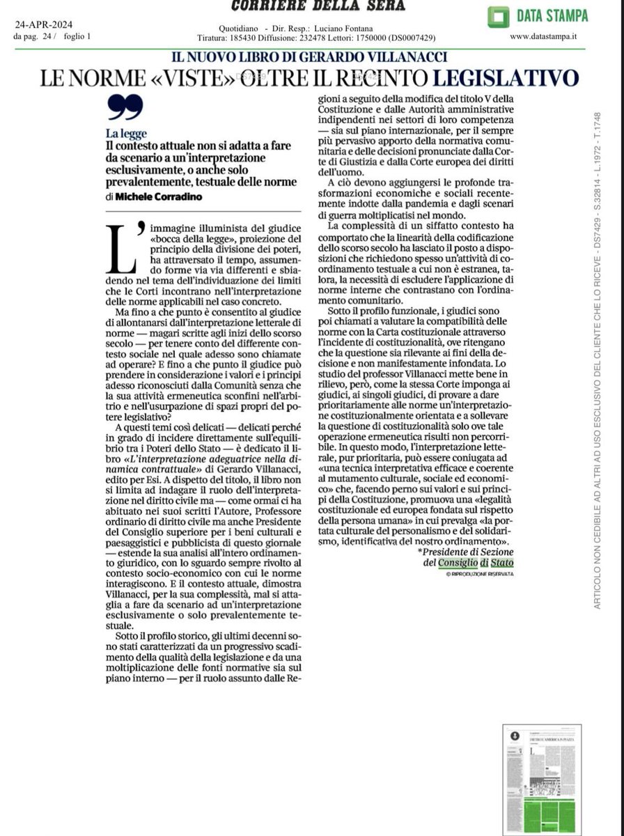 Un mio intervento sul Corriere della Sera di oggi con la recensione ad un bellissimo libro del prof. Gerardo Villanacci e alcune riflessioni sulla necessità di leggere le norme tenendo conto del contesto sociale ed economico in cui esse sono chiamate ad operare