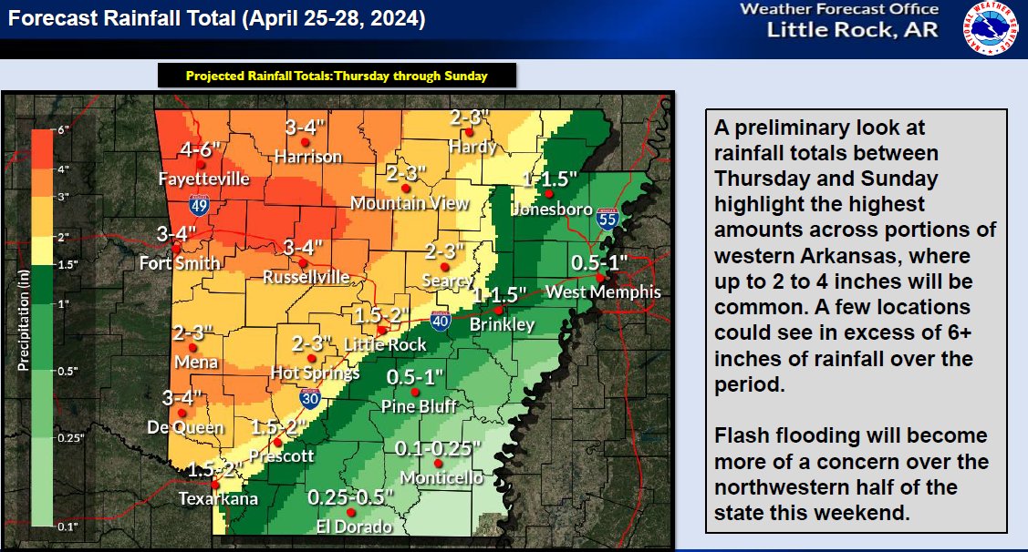 Advisory: The Nat'l Weather Service says storms will occur in Arkansas today through Sunday. All types of severe weather is possible including flash flooding. Details/updates at weather.gov/lzk. #artraffic #cnatraffic #nwatraffic #neatraffic #swatraffic #seatraffic