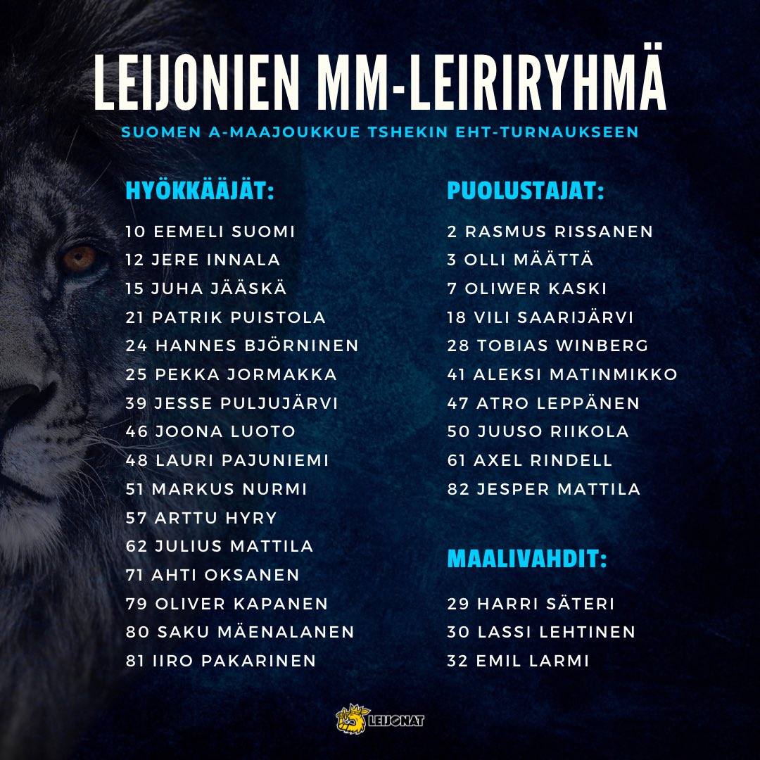 🇫🇮🦁 Leijonien MM-leiriryhmä on julkaistu Tshekin EHT:lle.

Otto Latvala, Viljami Marjala ja Sampo Ranta putosivat ryhmästä. Mikael Granlund liittyy mukaan Tshekin EHT:n jälkeen.

#Leijonat #EHTfi #MMkisat