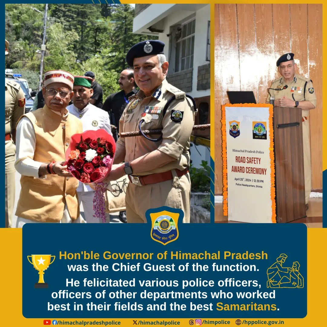 himachalpolice's tweet photo. 𝐑𝐎𝐀𝐃 𝐒𝐀𝐅𝐄𝐓𝐘 𝐀𝐖𝐀𝐑𝐃 𝐂𝐄𝐑𝐄𝐌𝐎𝐍𝐘
𝐏𝐎𝐋𝐈𝐂𝐄 𝐇𝐄𝐀𝐃𝐐𝐔𝐀𝐑𝐓𝐄𝐑𝐒, 𝐒𝐇𝐈𝐌𝐋𝐀
This ceremony aims to honour ROAD SAFETY WARRIORS including officers from Police, Transport, HPPWD, HPRIDCL and NHAI etc.
#Award #Ceremony #RTAs #PHQ #DGP #Himachal #HPPolice https://t.co/LykfUZtdtY