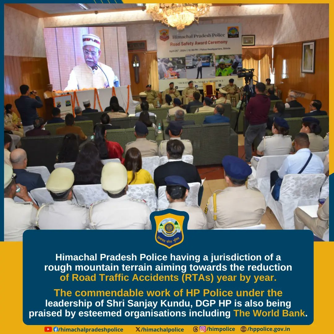 himachalpolice's tweet photo. 𝐑𝐎𝐀𝐃 𝐒𝐀𝐅𝐄𝐓𝐘 𝐀𝐖𝐀𝐑𝐃 𝐂𝐄𝐑𝐄𝐌𝐎𝐍𝐘
𝐏𝐎𝐋𝐈𝐂𝐄 𝐇𝐄𝐀𝐃𝐐𝐔𝐀𝐑𝐓𝐄𝐑𝐒, 𝐒𝐇𝐈𝐌𝐋𝐀
This ceremony aims to honour ROAD SAFETY WARRIORS including officers from Police, Transport, HPPWD, HPRIDCL and NHAI etc.
#Award #Ceremony #RTAs #PHQ #DGP #Himachal #HPPolice https://t.co/LykfUZtdtY