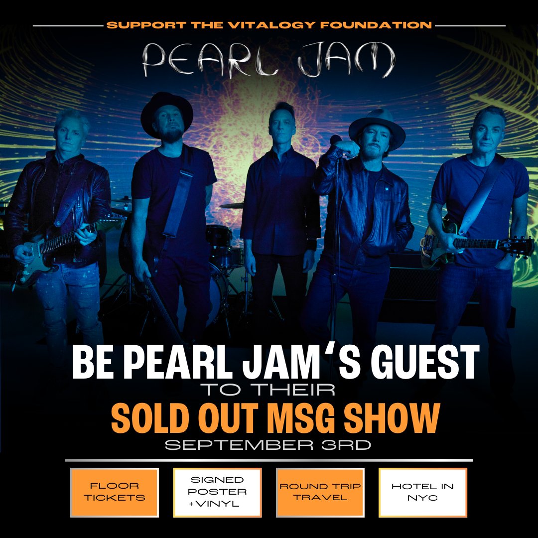 Win a trip to @PearlJam's MSG show in NYC! This is your chance to be the band's guest at the SOLD OUT Madison Square Garden show on Tuesday, September 3. Donate now to support Pearl Jam's Vitalogy Foundation for your chance to win round trip travel to NYC, a 2-night hotel
