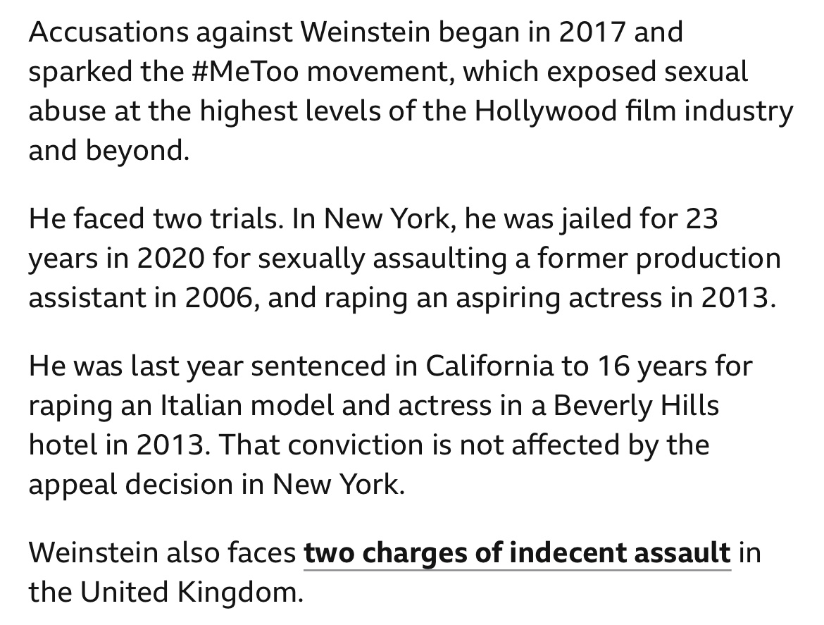 A reminder that Harvey Weinstein is still a convicted rapist. Which means I’m allowed to call him a rapist. bbc.co.uk/news/world-us-…