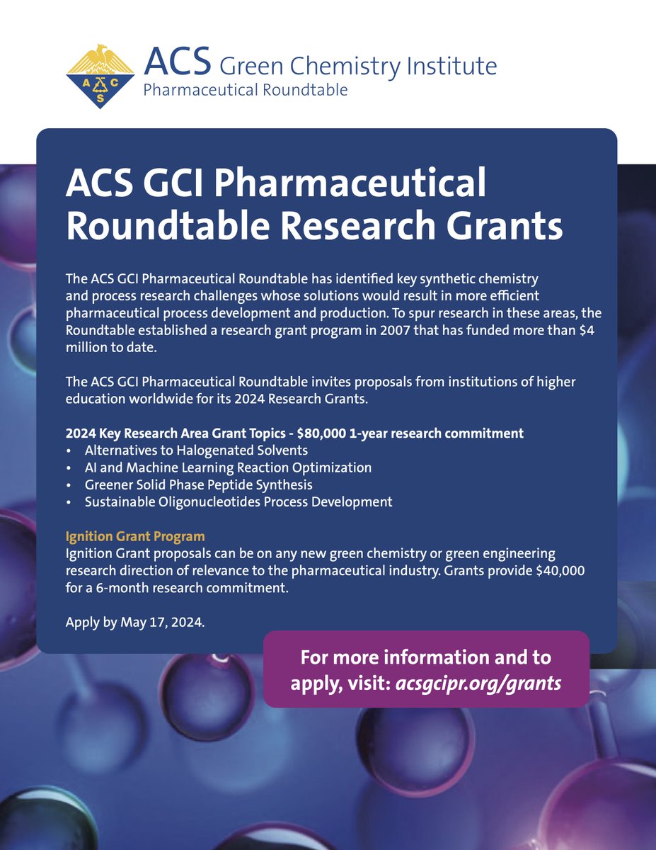 This is a reminder that the ACS GCI Pharmaceutical Roundtable Research Grant application is due on May 17th, 2024! Please consider applying.