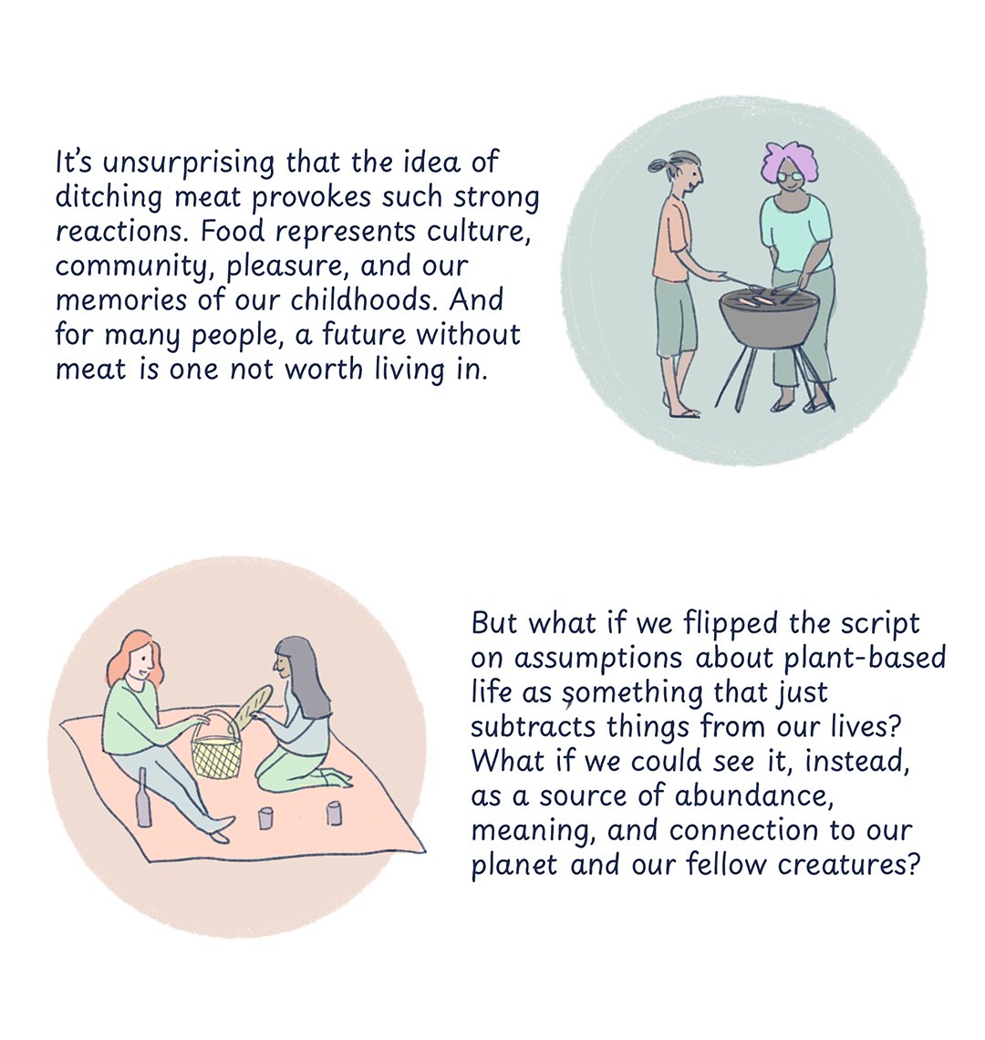 voxdotcom's tweet photo. Popular culture often depicts veganism as a joyless and extreme "sacrifice."

For @mbolotnikova, a plant-based diet has made her world more full, joyous, and abundant — not restricted.

Illustrations by Christine Mi. https://t.co/CBRLpJDrww