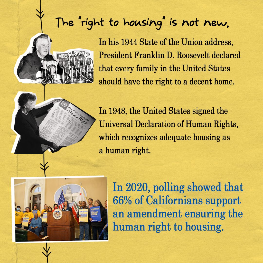 The #RightToHousing is not new. In 1944, Pres. Roosevelt declared that every family in the U.S. should have the right to the a decent home. In 1948, the U.S. signed the Universal Declaration of Human Rights, which recognizes adequate housing as a human right.