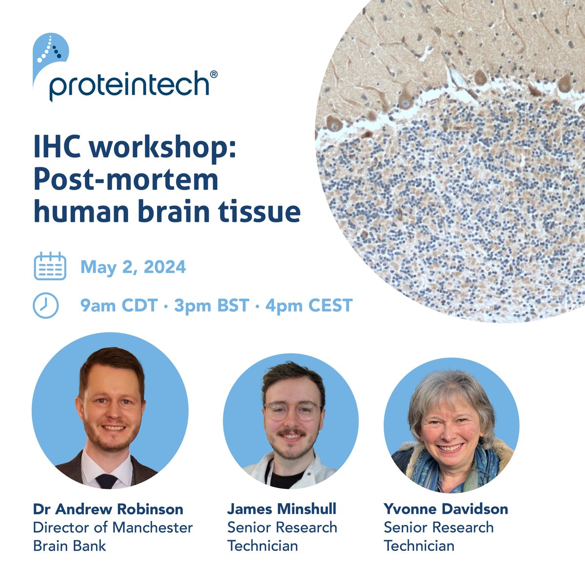 Attend our ‘IHC workshop: Post-mortem human brain tissue’. 📆 May 2nd 2024 ⏰ 9am CT · 3pm BST · 4pm CEST Discover best practices from @MancBrainBank experts in processing and staining brain tissue samples: ptglab.zoom.us/webinar/regist… #ptgIHCworkshop #immunohistochemistry