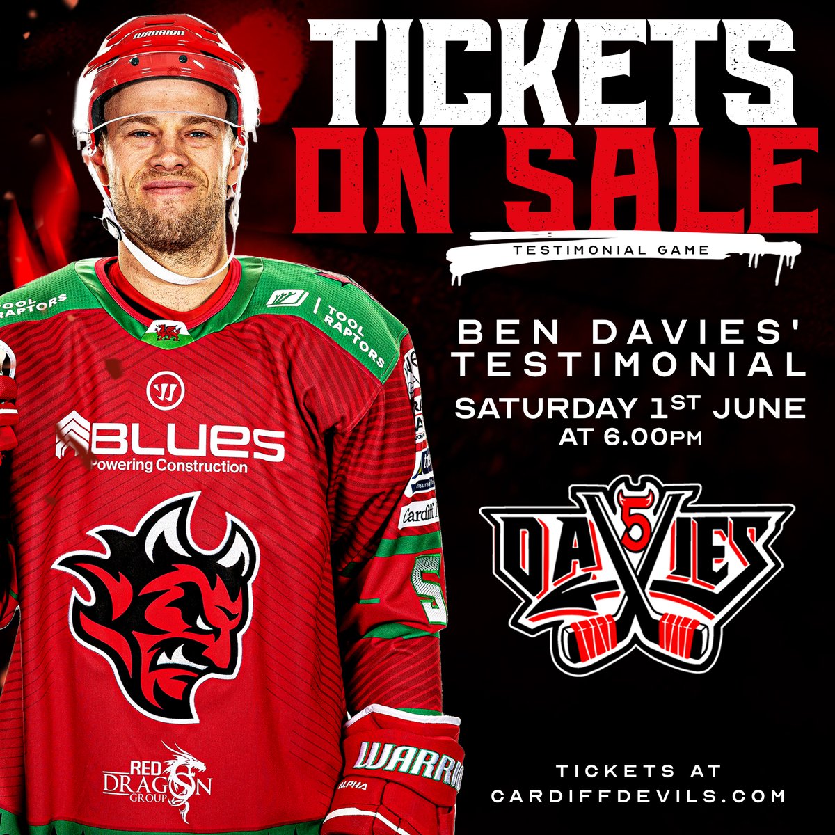 𝗖𝗘𝗟𝗘𝗕𝗥𝗔𝗧𝗘 😈 𝗕𝗘𝗡 𝗗𝗔𝗩𝗜𝗘𝗦 𝗢𝗡 𝟭 𝗝𝗨𝗡𝗘 Join us for #5 Ben Davies' testimonial game 🏒 📍Vindico Arena 🕕 FO 6pm 🎟️ bit.ly/DevsTickets