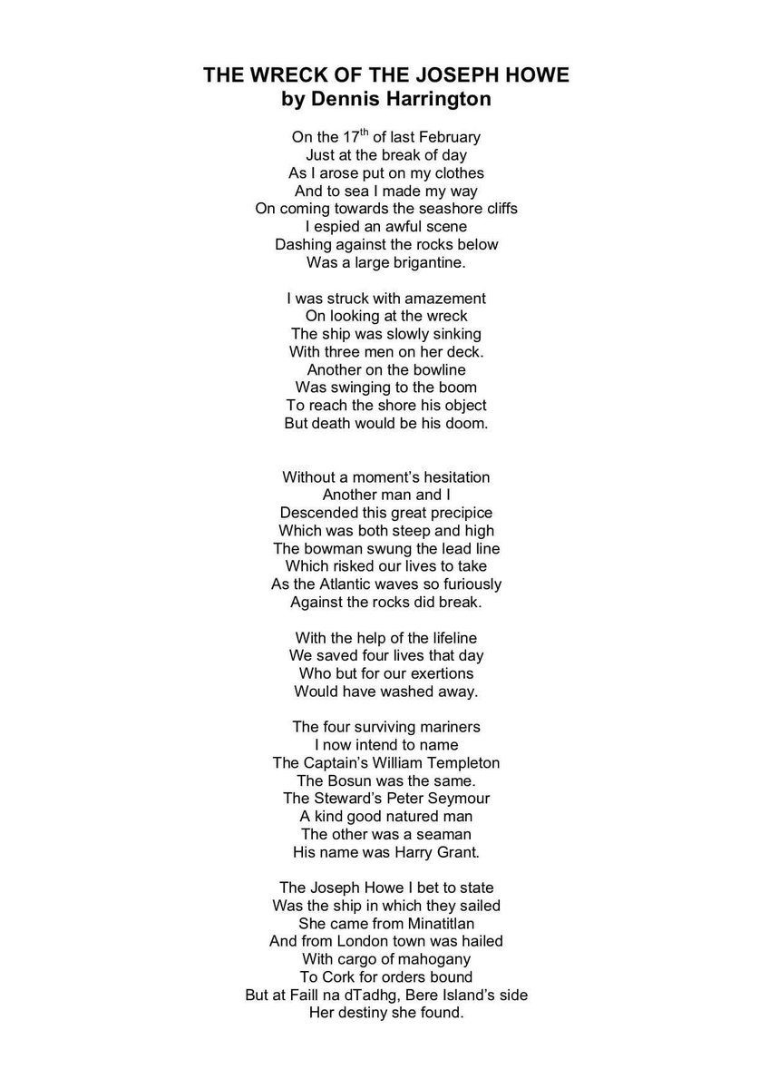 To mark #PoetryDayIRL a poem written by #BereIsland man Dennis Harrington in 1876 about the wreck of the Joseph Howe off the coast of Greenane, Bere Island. Dennis and his neighbour Michael Shanahan rescued four of her crew.