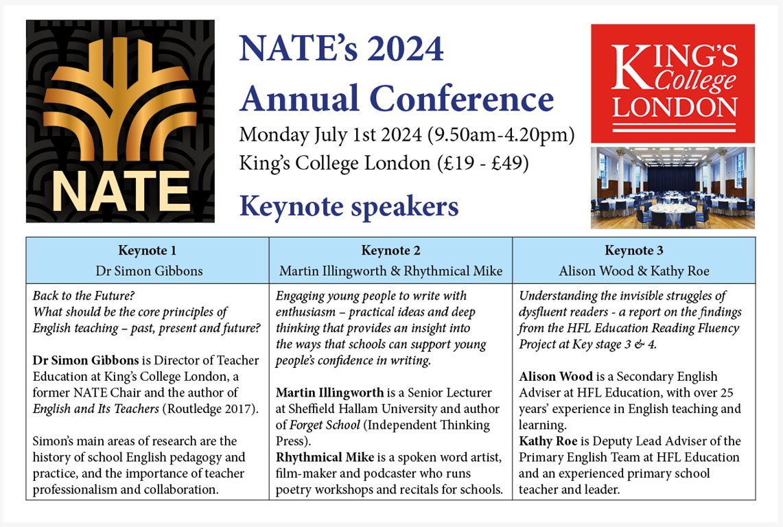 Very much looking forward to joining esteemed colleagues at this year's @NATEfeed conference as @kathyeroe and Alison explore the findings of the Reading Fluency Project at KS3&4 and how it can support dysfluent readers. It looks set to be a fantastic day of learning.