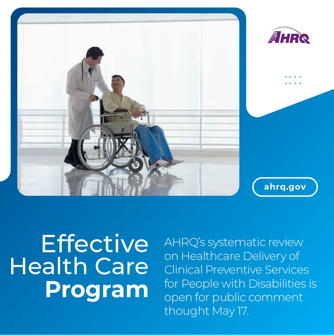 Explore #AHRQ's latest systematic review on how health interventions can improve clinical preventive services for people with disabilities. Public comments are welcomed until May 17. Explore the early findings now. #HealthServicesResearch effectivehealthcare.ahrq.gov/products/peopl…