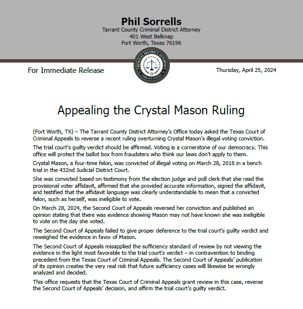 TarrantCountyDA's tweet photo. Appealing the Crystal Mason Ruling. https://t.co/9d2oH4PotP