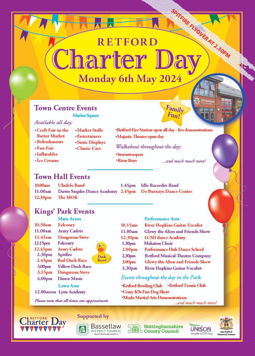 Retford Charter Day 2024! Mark your calendar for Monday 6 May and get ready for a day filled with fun, family-friendly activities and entertainment! 🤩 Events will be taking place across the #Retford Town Centre, Kings' Park and the Town Hall.