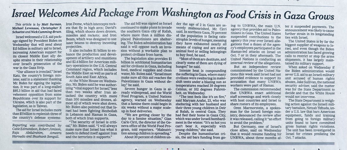 From today’s @nytimes. The “aid package” Israel welcomes is $15 billion in military aid. The “food crisis” facing Palestinians - $1 Billion, w/ no assurance it’ll get to those who need it because of Israel. The sad thing is that there was no irony intended in the headline.
