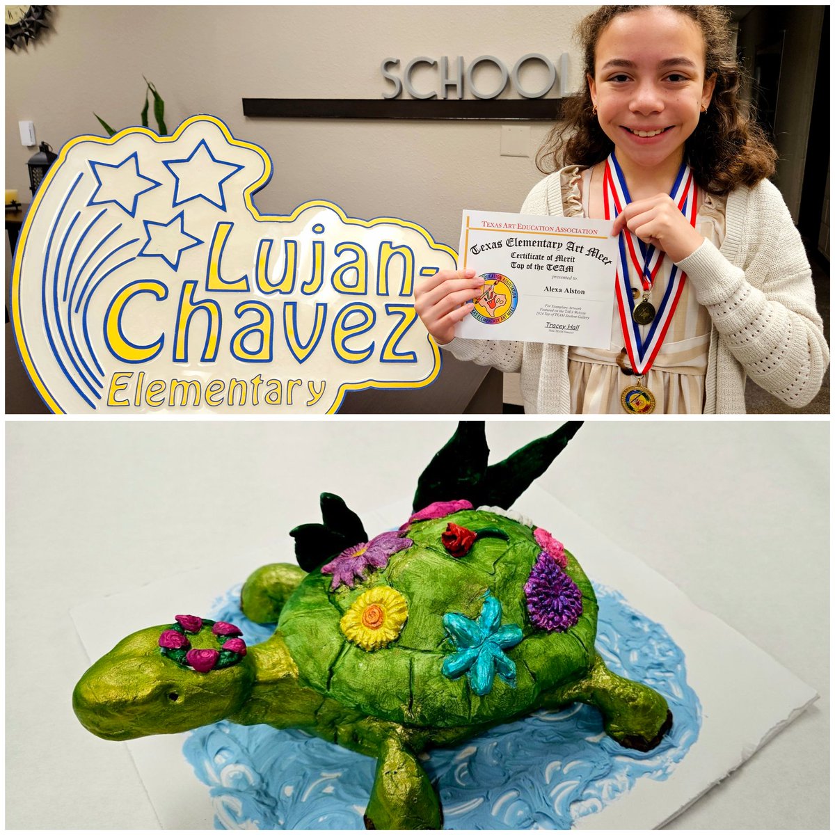 Congratulating 🎊 our student Alexa Alston. She is top 10% of nation in our TAEA contest TEAM. A future Sculpture Artist perhaps 🤔? Proud Star at @LChavez_ES #TEAMSISD #SISD_FineArts #artgivesyouopportunities #TEAM #elementaryart