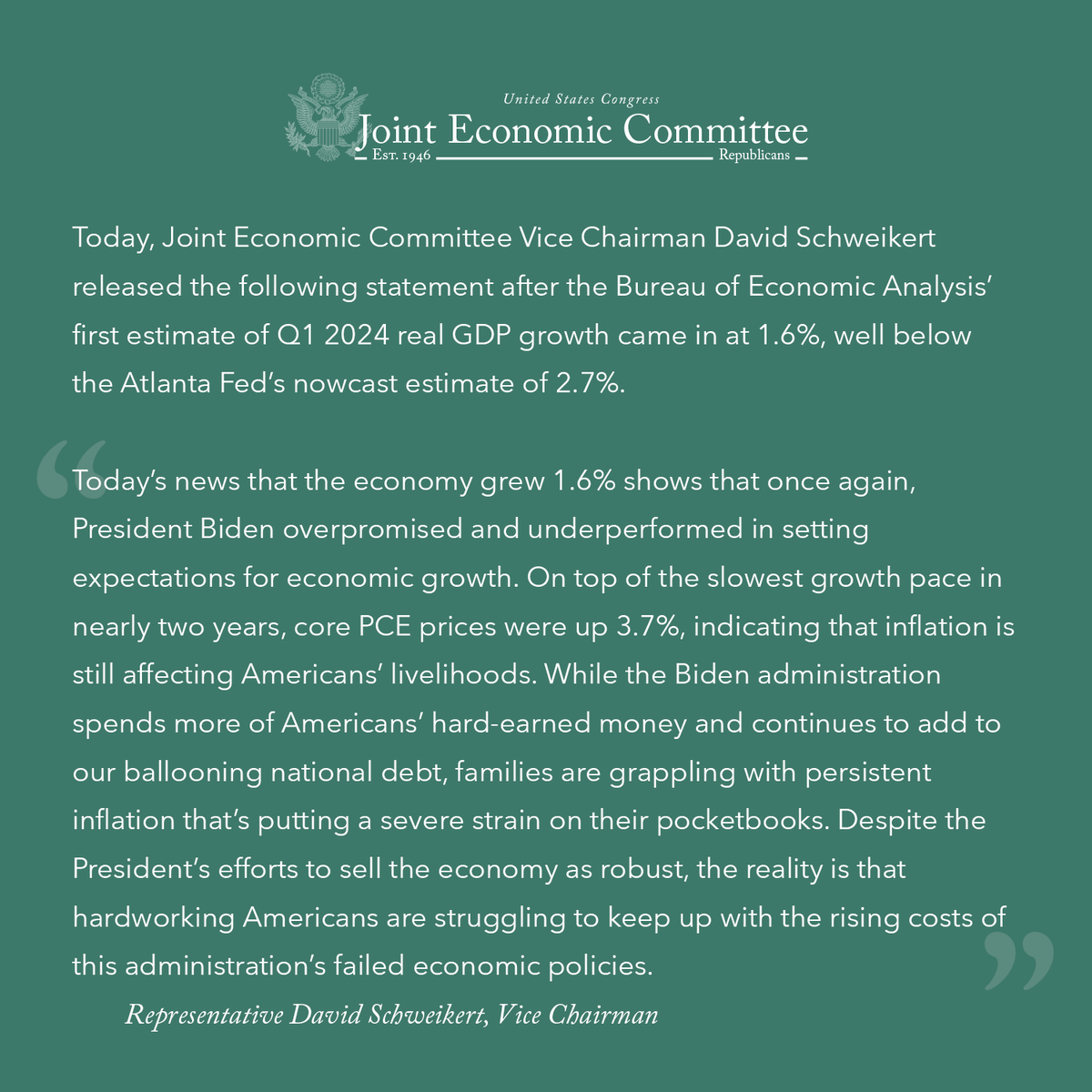 Once again, President Biden overpromised & underperformed in setting expectations for economic growth. 1.6% Q1 GDP growth was well below forecasts. American families can't keep up with the rising costs of the admin's failed economic policies. Vice Chair @RepDavid's statement ⬇️