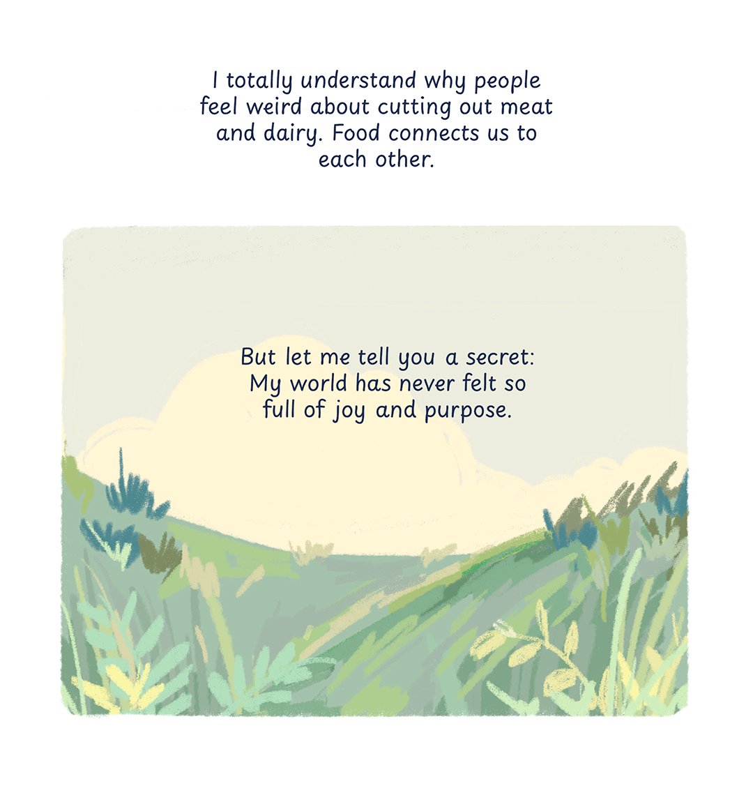 voxdotcom's tweet photo. Popular culture often depicts veganism as a joyless and extreme "sacrifice."

For @mbolotnikova, a plant-based diet has made her world more full, joyous, and abundant — not restricted.

Illustrations by Christine Mi. https://t.co/CBRLpJDrww