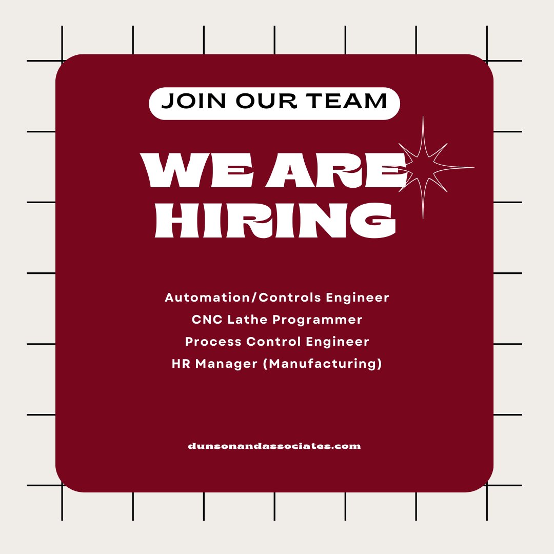 We are looking for the following talents. If you think you're a good fit, come join our team!

Automation/Controls Engineer
Location: Dayton, OH
Details: bit.ly/3TKAm4z 

CNC Lathe Programmer
Location: Palm Beach Gardens, FL
Details: dunsonandassociates.com/open-jobs.html…

Process  ...